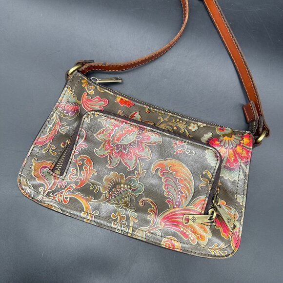 Patricia Nash Floral Leather Shoulder Bag Adjustable Strap Gray Red Crossbody - Picture 1 of 13